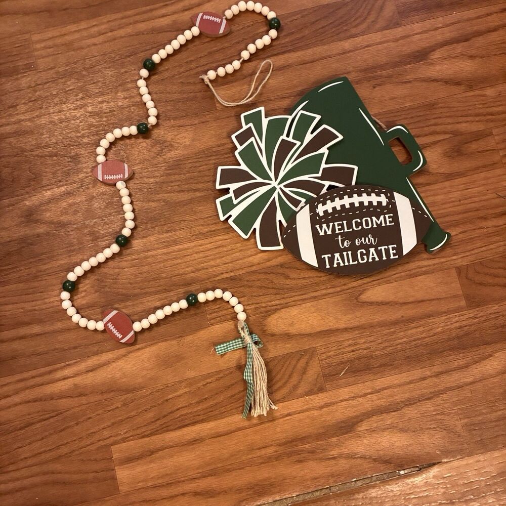 Welcome To Tailgating Sign And Wood Beaded Garland For Football Decorating.